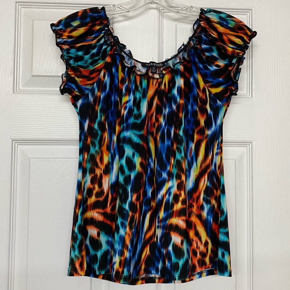 Rainbow Multi Color Animal Print Off Shoulder Ruffle Trim Top Geometric Sz SP
